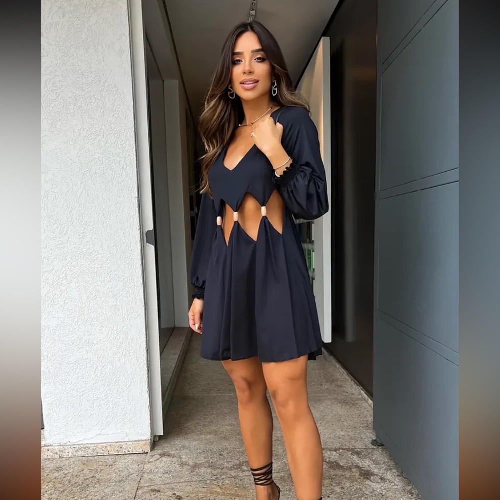 Little Black Dress Long-Sleeved V necked & A-line Cut Out Dress